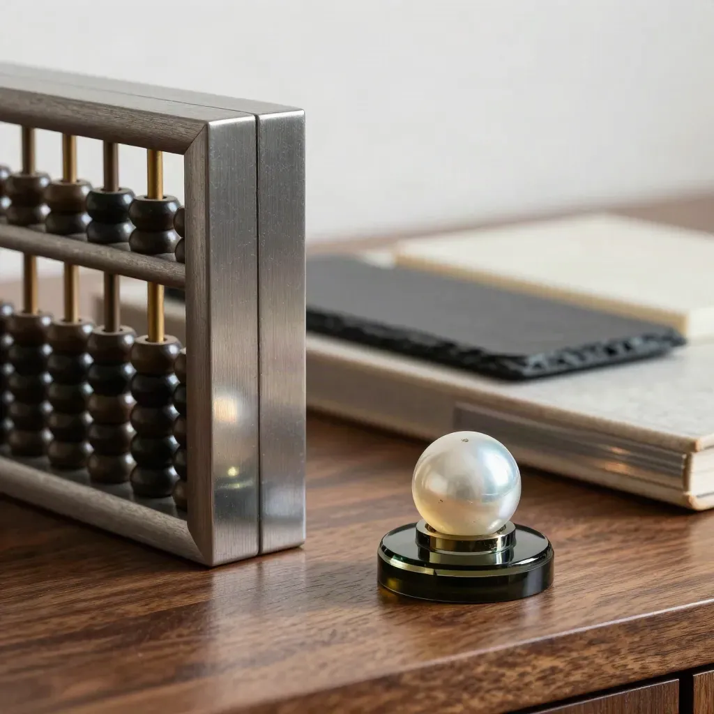 Valuation weights stack beside a steel abacus and smoked-glass seal on walnut