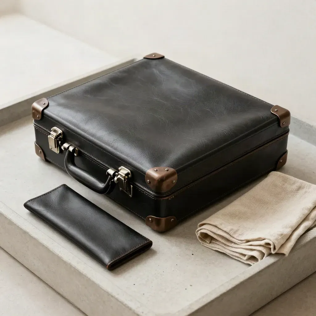 Top-down leather briefing case on stone tray with linen cloth and brushed metal corners